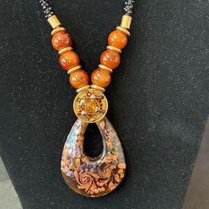 Necklace Resin Pendant With Glass Beads & Seed Bead Chain